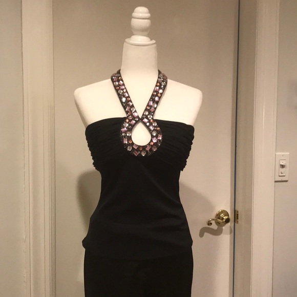 Embellished Black Halter Top with Open Back - Picture 2 of 8